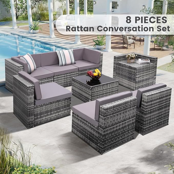 8-Piece Patio Furniture Set, Outdoor Wicker Rattan Sectional - Image 2