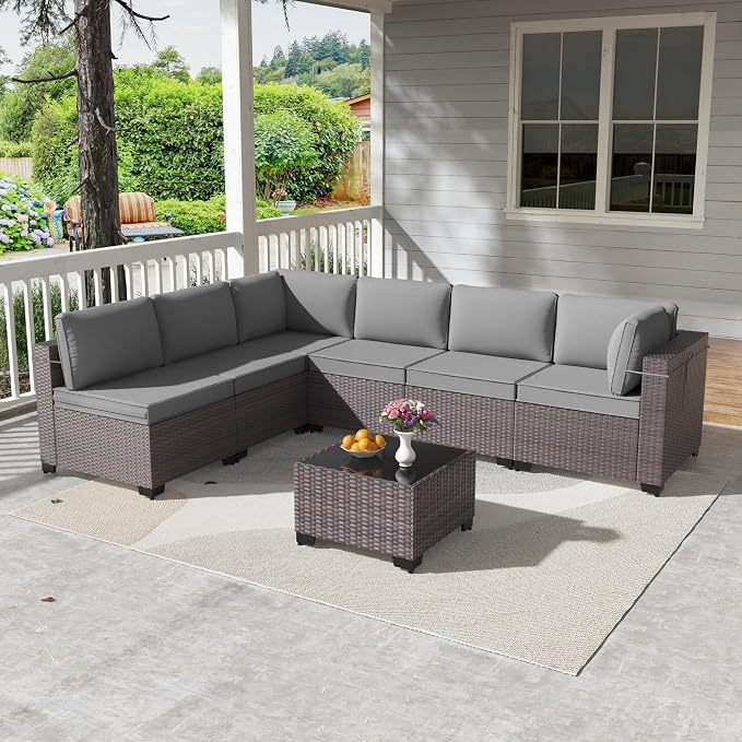 Kullavik 7 Pieces Outdoor Patio Furniture Set PE Wicker Rattan Sectional Sofa - Image 7