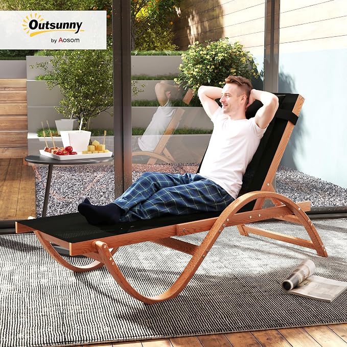 Outsunny Larch Wood Lounge Chair, 4-Level Adjustable Tanning Chair, Full Flat - Image 2