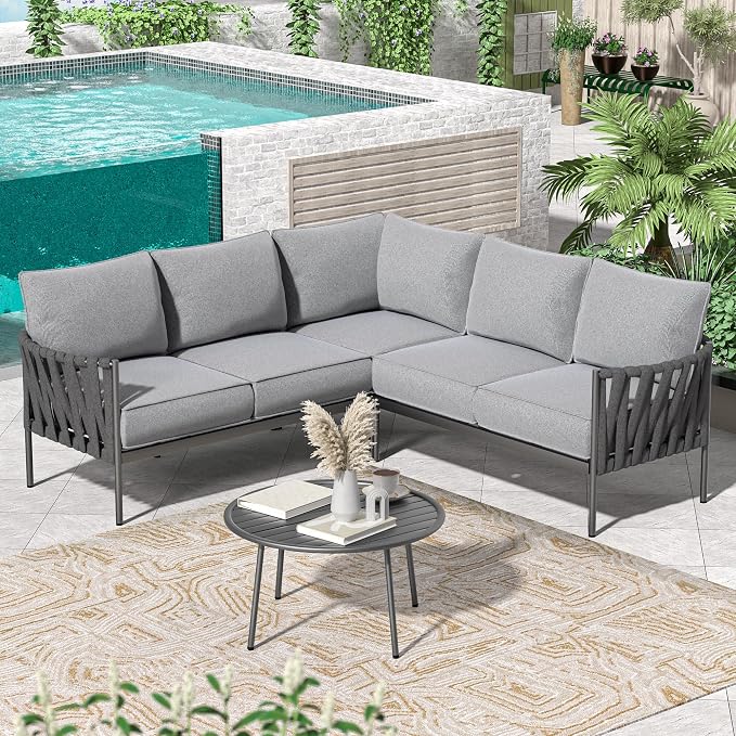 Outdoor Patio Furniture, 6 Pieces Outdoor Sectional L-Shaped Sofa Patio by COMLAXFIELD