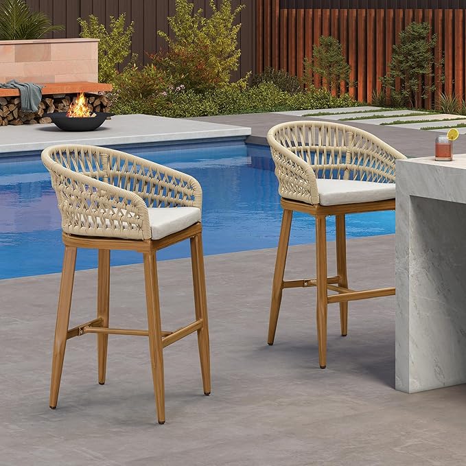 PURPLE LEAF Outdoor Rattan 29" Bar Stools Set of 2, Modern Boho Aluminum Patio - Image 2