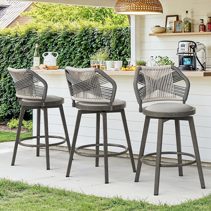 360° Swivel Outdoor Bar Stools Set of 3, Modern Aluminum Wicker Bar Stool by COZYMAN