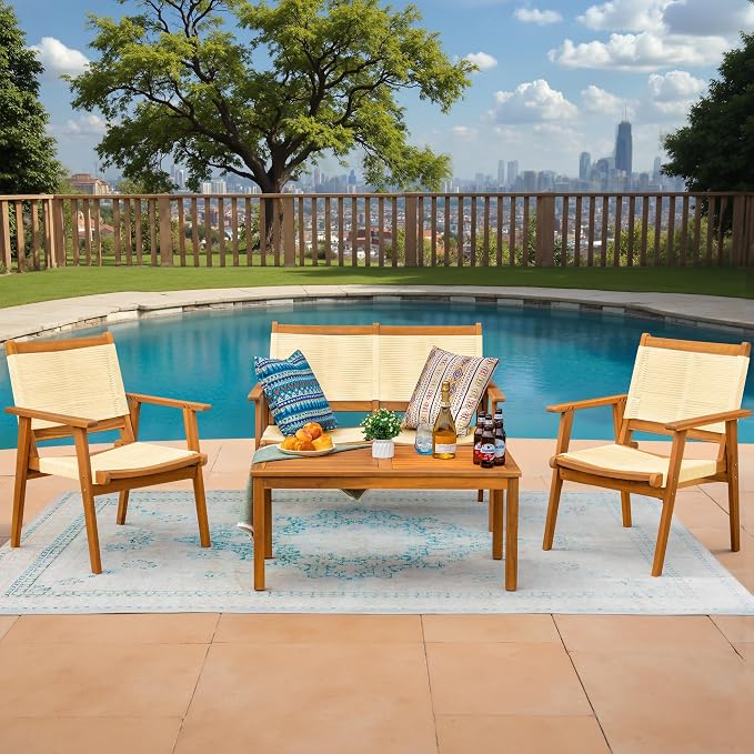 Devoko 4 Pieces Acacia Wood Patio Conversation Sets, Patio Furniture Set - Image 2