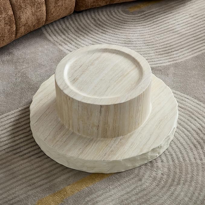 Round Coffee Table, 31.69" Fiberglass Faux Marble Pattern Imitation Stone Table - Image 7