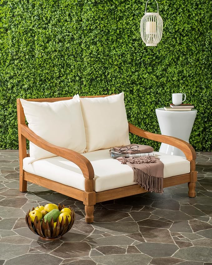 SAFAVIEH Outdoor Collection Pomona Natural Solid Wood/Beige Lounger Bench Sofa - Image 2