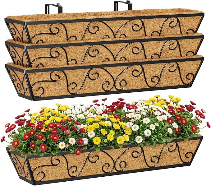 Y&M 30 Inch Window Deck with Coco Liner, Fence Metal Hanging Flower Planter by YM