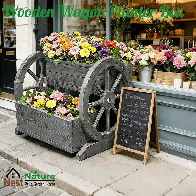 NestNature Wooden Wagon Planter Box, Raised Garden Bed, Decorative Garden - Image 2