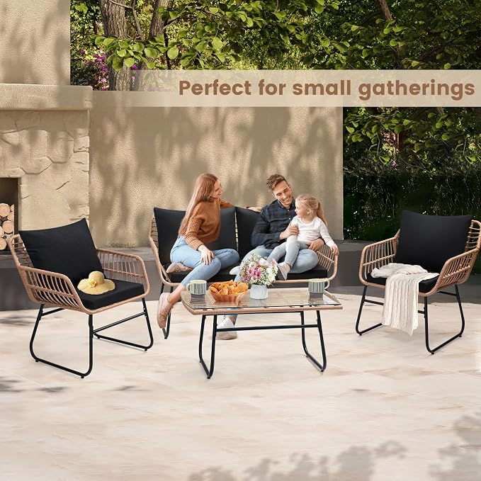 Kromax 4 Piece Patio Bistro Outdoor Furniture Set, Wicker Sofa, 2 Rattan Chairs - Image 3