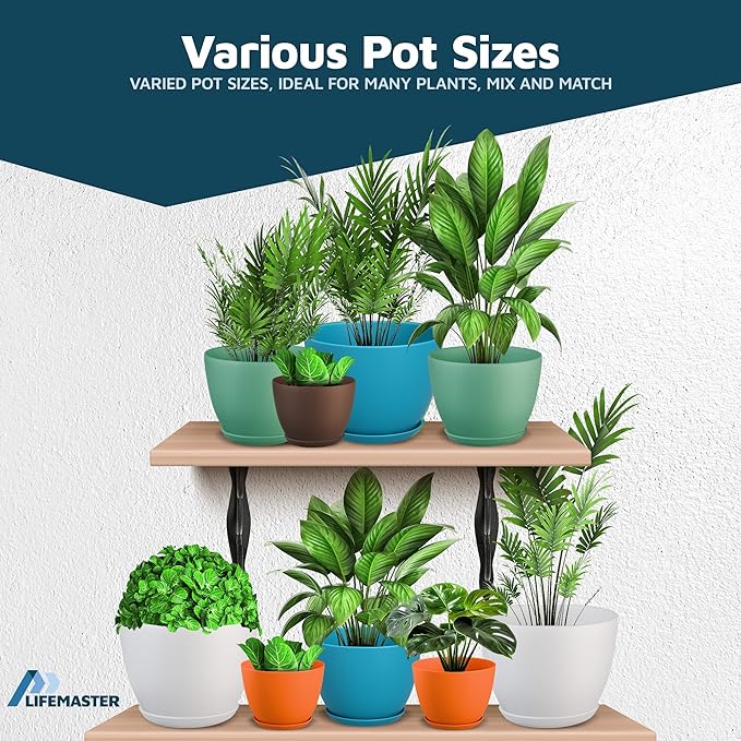 Multicolor Plant Pots with Drainage Holes & Saucers 10 Pack, Indoor & Outdoor - Image 4