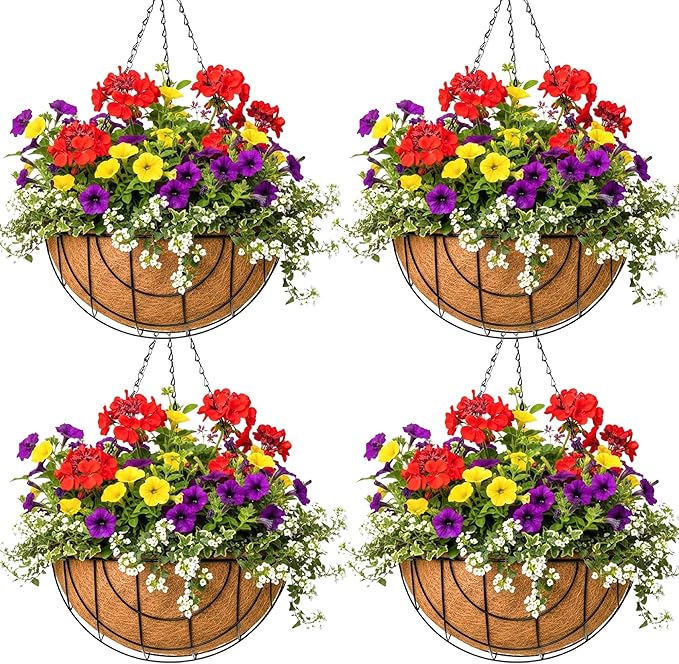 14 inch Metal Hanging Baskets For Plants Outdoor 4 Pack Round Metal Wire by JFFLYIT