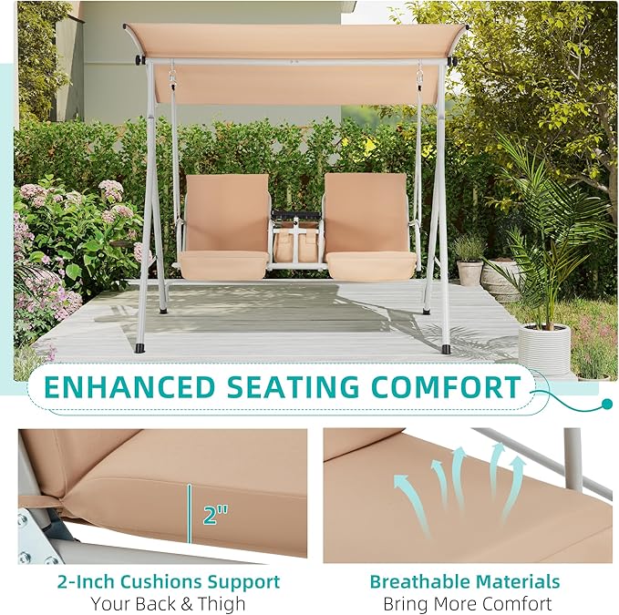 HOMREST 2 Seat Outdoor Porch Swing, Patio Swing - Image 6