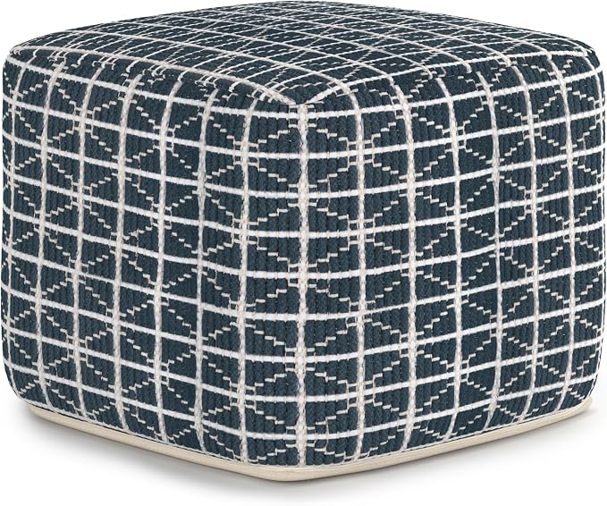 SIMPLIHOME Noreen Boho Square Pouf in Dark Blue and White Handloom Woven Pattern by SimpliHome