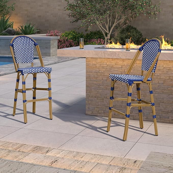 PURPLE LEAF French Bar Stool Set of 2 Bamboo Print Finish Patio Bar Stools - Image 3
