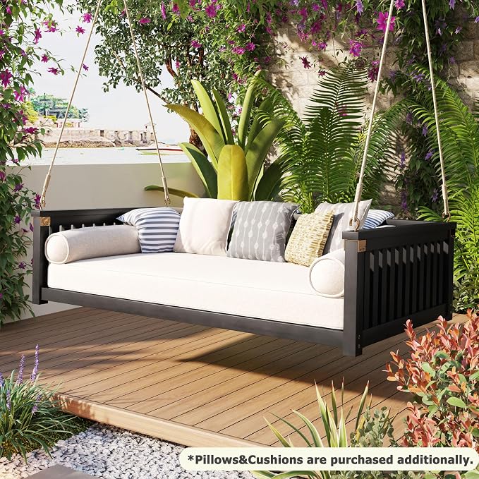 Patio Twin Size Garden Swing Daybed, Acacia Wood Porch Swing - Image 4