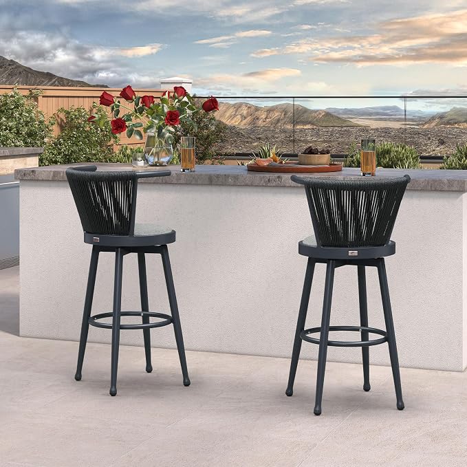 PURPLE LEAF Outdoor Swivel Bar Height Stools Set of 2 Metal Modern Wicker Bar - Image 3