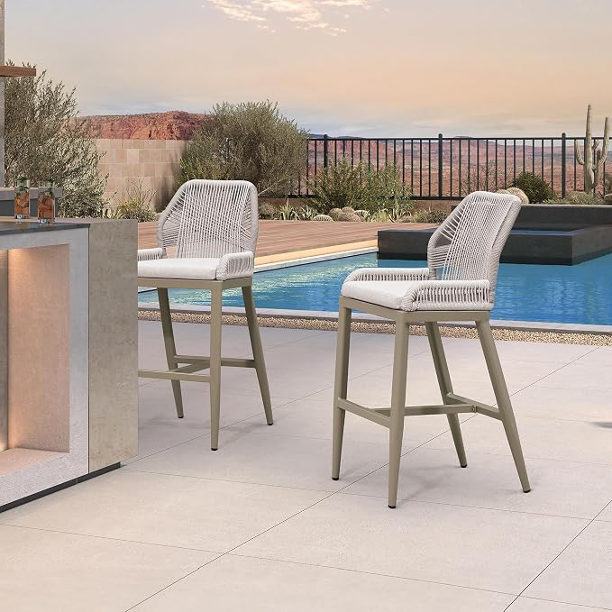 PURPLE LEAF Bar Stools Set of 2 Outdoor Bar Height Metal Stools Modern Wicker by PURPLELEAF