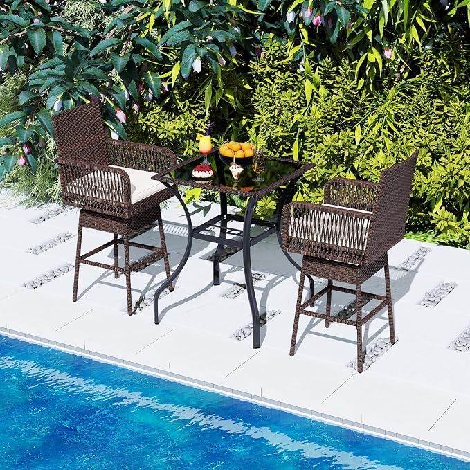 COSTWAY Outdoor Wicker Bar Stools, Armrest and Backrest, Patio Bar Height Chairs - Image 7