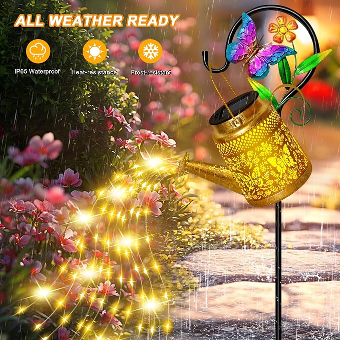 Solar Watering Can Lights Outdoor Garden Decor, Large Butterfly Hanging Lantern - Image 4