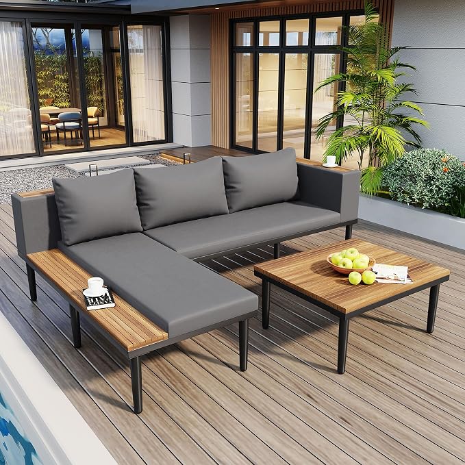 Acacia Wood Patio Furniture Set, Luxury Outdoor Conversation Sectional Sofa by JIVOIT