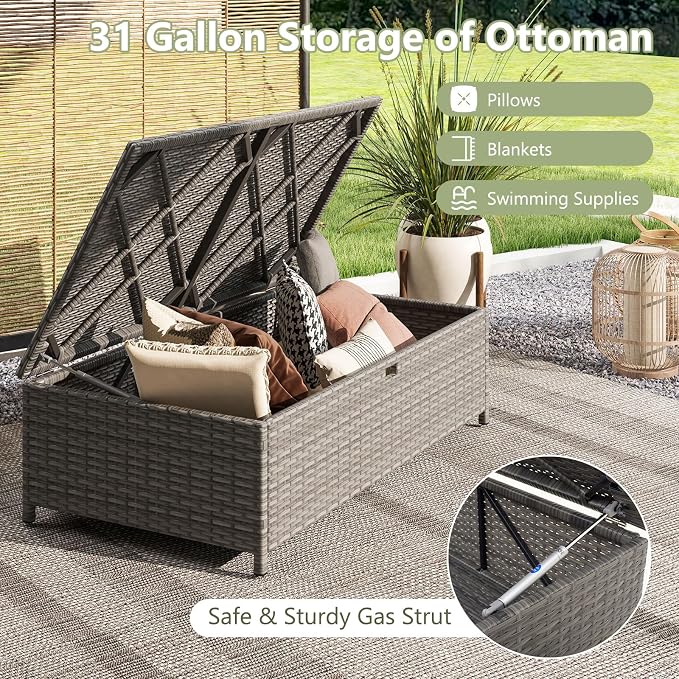 Tangkula Outdoor Rattan Daybed, Wicker Loveseat & 31 Gallon Storage Ottoman - Image 6