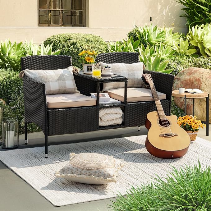 Devoko Outdoor Patio Loveseat Modern Rattan 2-Seat Patio Conversation Set - Image 6