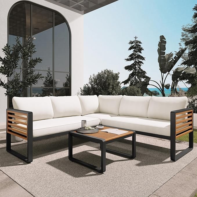 4 Pieces Outdoor Patio Conservation Set, Metal and Wood Frame Sectional - Image 9
