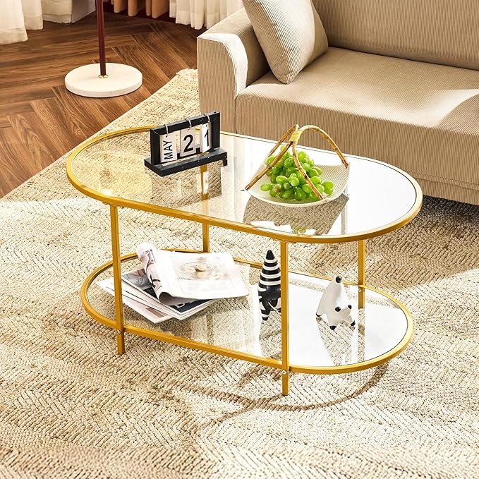 VINGLI 38" Oval Coffee Table, Transparent Glass Metal Coffe Table by VINGLI