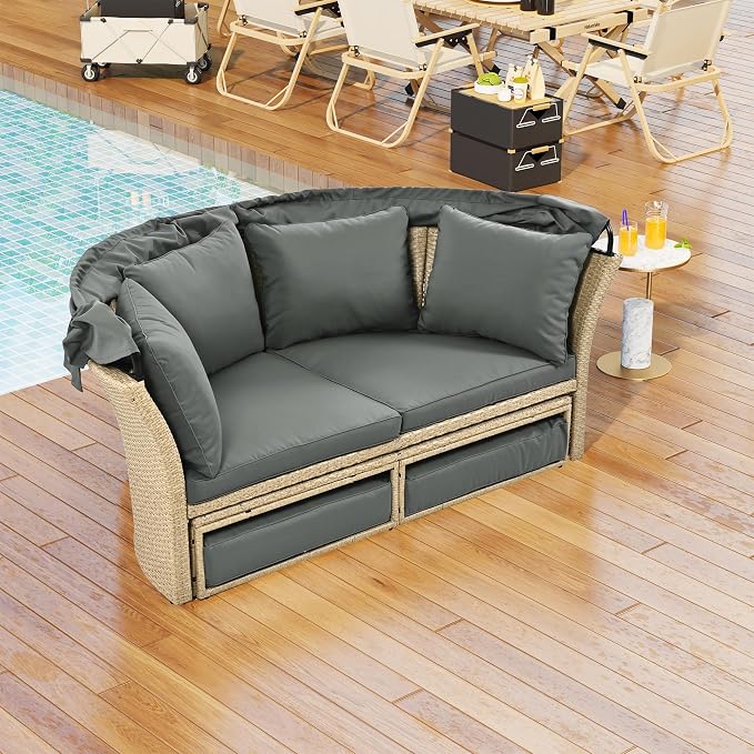 Outdoor Patio Daybed Wicker Rattan Double Daybed Round Sofa Furniture Set - Image 8