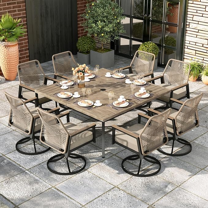 9 Pieces Outdoor Patio Dining Set, Wicker Patio Table and Chairs Set of 8 by MIXPATIO
