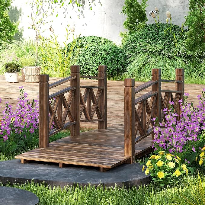 5FT Wooden Garden Bridge with Handrails, Decorative Landscape Footbridge by Unknown