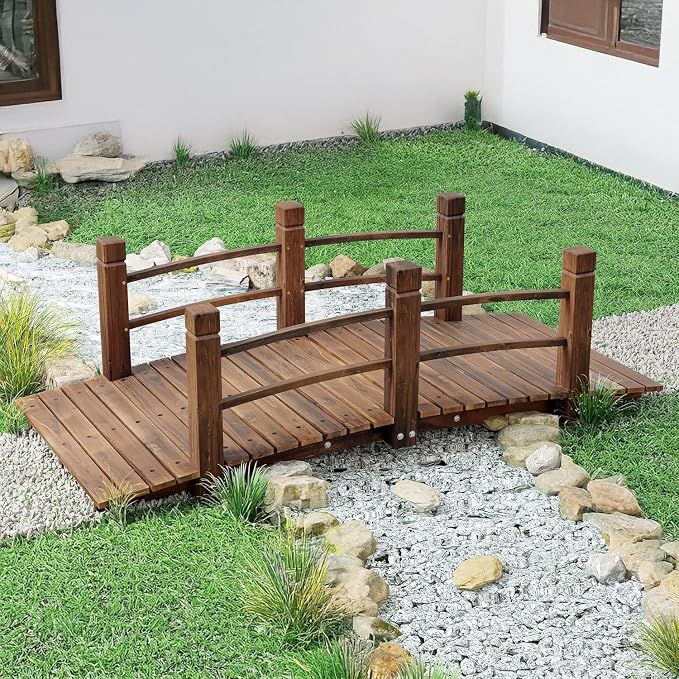 HOMEDIARY 5 FT Fir Wood Garden Bridge, Outdoor Stained Wood Arc Footbridge by HOMEDIARY