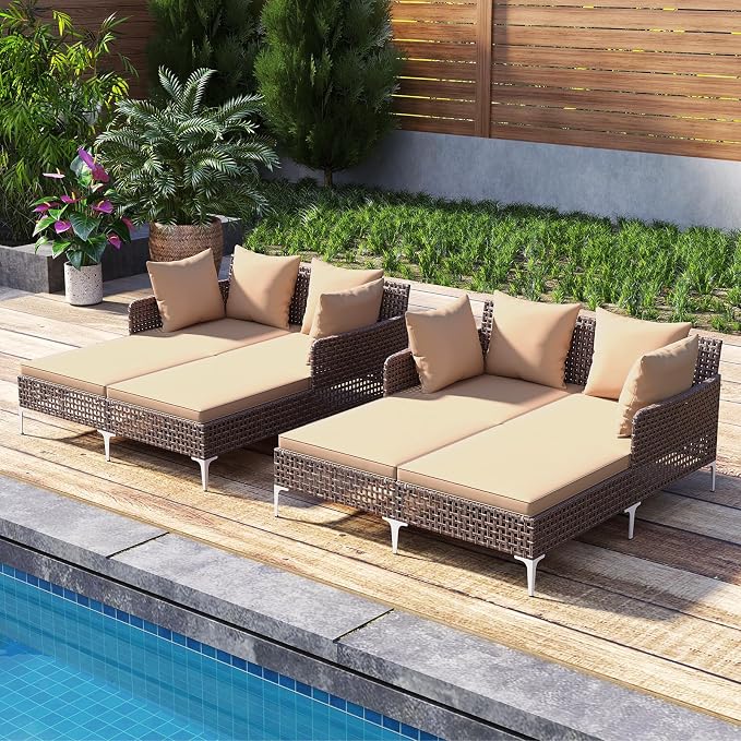 Tangkula Outdoor Rattan Double Daybed, Boho Wicker Chaise Lounge - Image 4