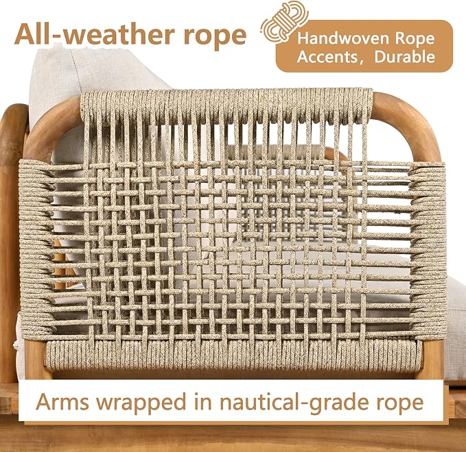 5-Piece Acacia Wood and Rope Patio Sofa Set, Outdoor Conversation Set - Image 7