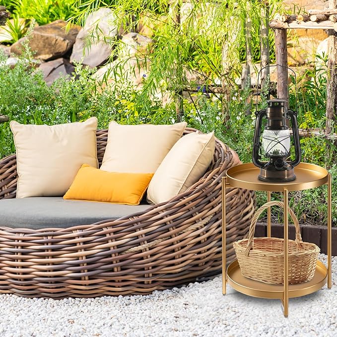 danpinera 2-Tier End Table, Outdoor Side Table Metal Round Side Table - Image 6