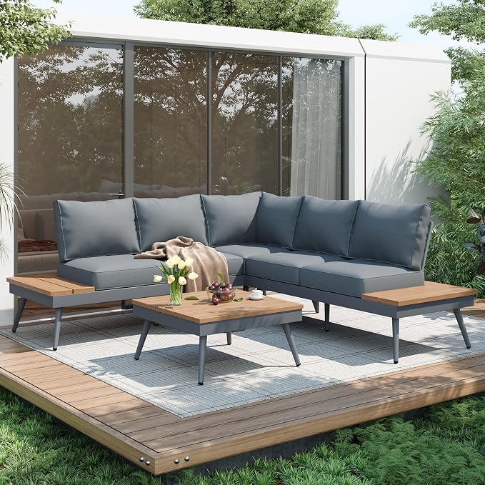 Outdoor V-Shaped 4-Piece Alum Patio Sofa Set, L-Shaped Conversation Set by JIVOIT