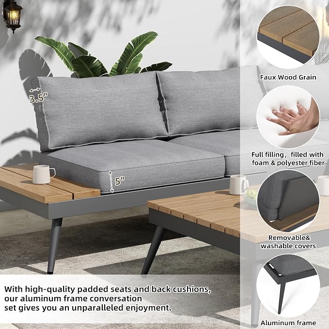 Outdoor V-Shaped 4-Piece Alum Patio Sofa Set, L-Shaped Conversation Set - Image 3
