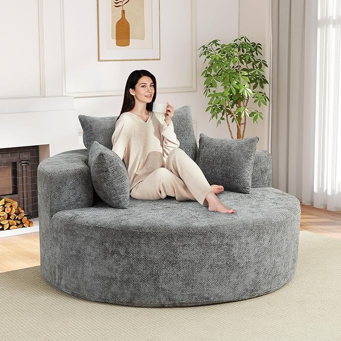Antetek Oversized Round Chaise Longue Chair Indoor, Modern 55-inch Upholstered by Antetek