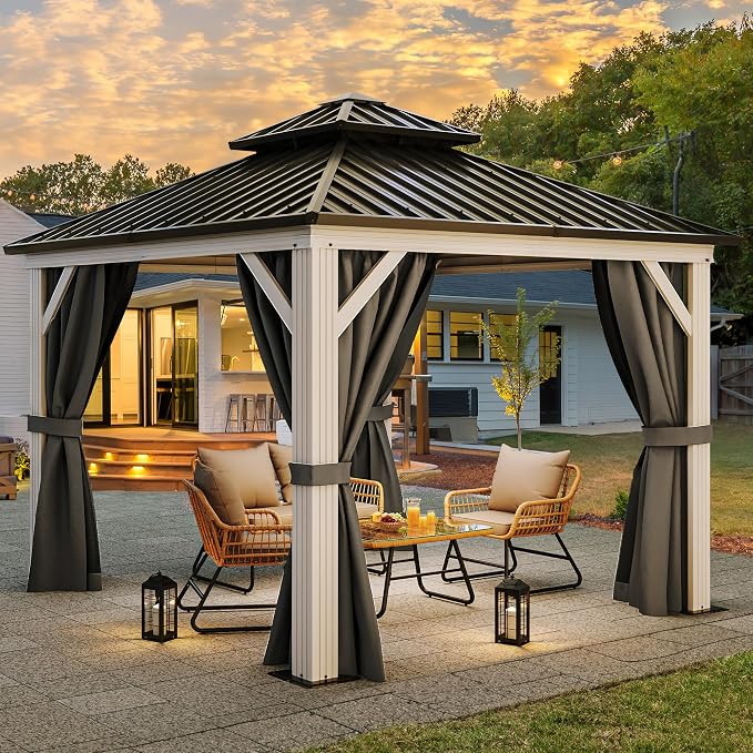 YITAHOME 10X10FT Hard Top Metal White Gazebo Patios Double Roof Canopy Aluminum by YITAHOME