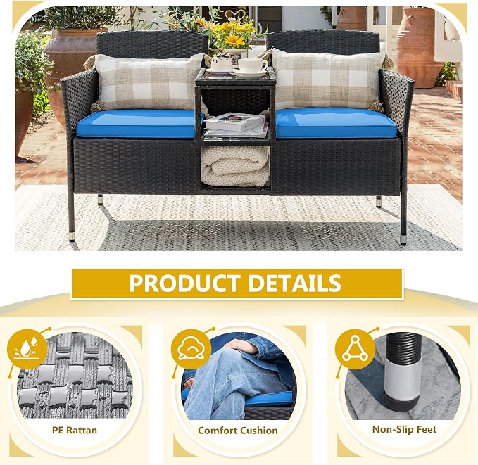 Devoko Outdoor Patio Loveseat Modern Rattan 2-Seat Patio Conversation Set - Image 5