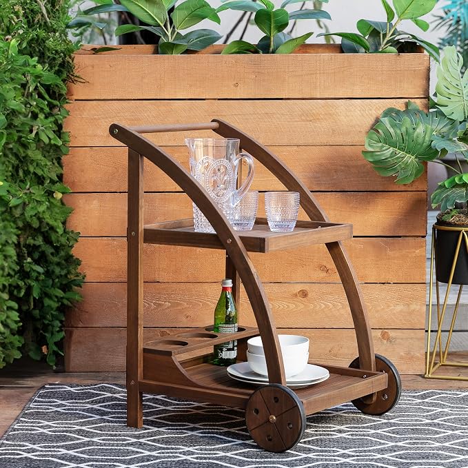 Linon Chandler Acorn Finished Acacia Wood Outdoor Bar Trolley - Image 5