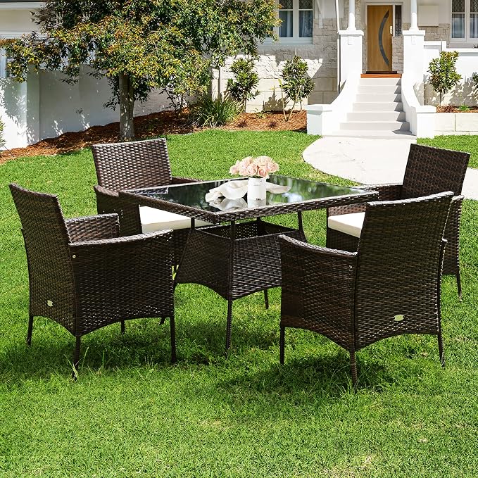 Tangkula 5 Pieces Wicker Patio Dining Set, Outdoor PE Rattan Chairs Table Set - Image 3