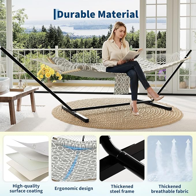 2 Person Double Hammock with Adjustable Steel Stand & Pillow, Heavy Duty - Image 4