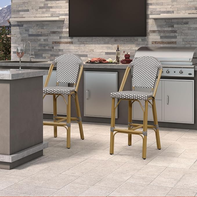 PURPLE LEAF French Bar Stools Set of 2 Bamboo Print Finish Outdoor Bar Stools - Image 2