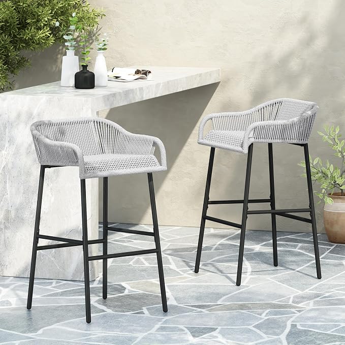 Christopher Knight Home Sivir Outdoor Barstool Set of 2, Patio Woven Rope Bar - Image 5
