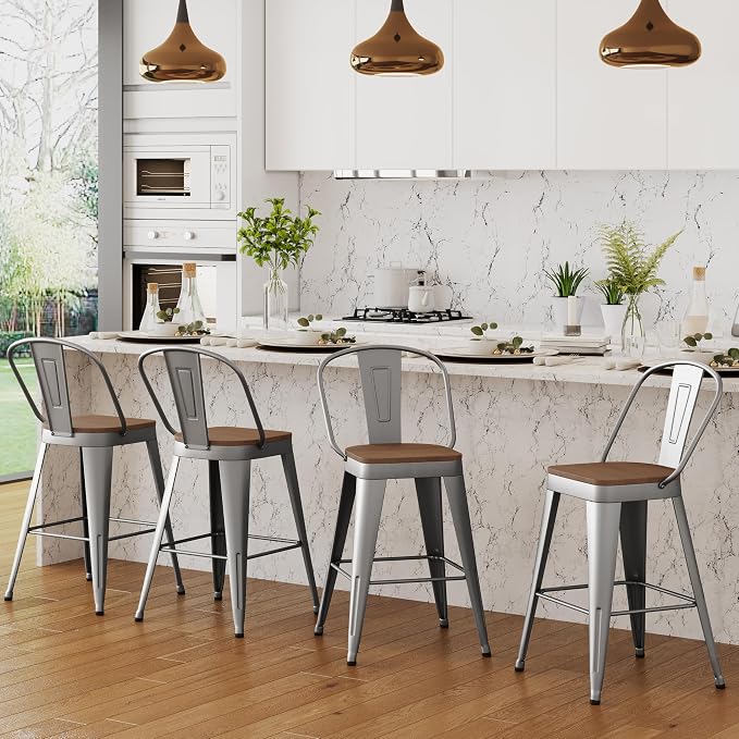 ALISH 24 Inch Industrial Bar Stools Set of 4, High Back Metal Barstools - Image 3
