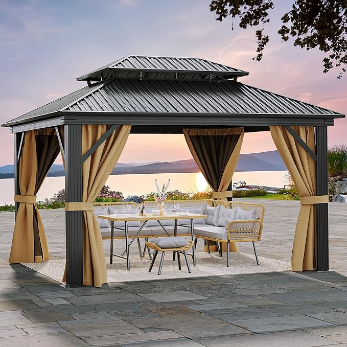 YITAHOME 12x14ft Gazebo Hardtop Double Roof Outdoor Heavy Duty w/Nettings and by YITAHOME
