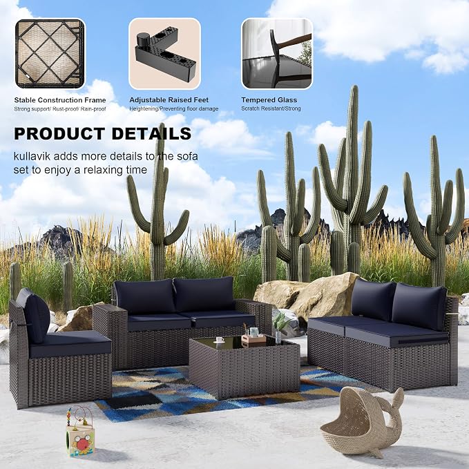 Kullavik Outdoor Patio Furniture Set 6 Pieces Sectional Rattan Sofa Set Brown - Image 4