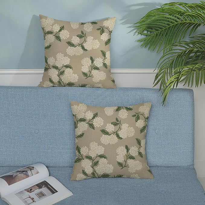 Beige Spring Pillow Covers 18x18 Inch 2 Pcs Khaki Green Hydrangea Flower Decor - Image 3