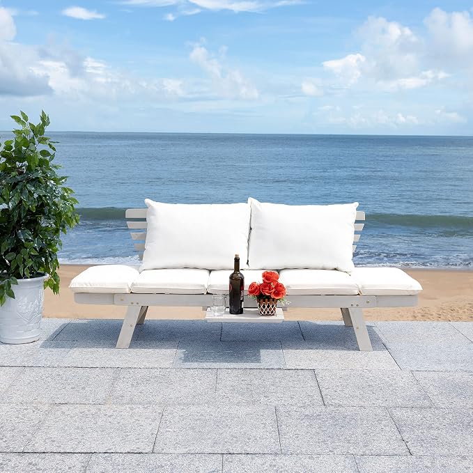 SAFAVIEH Outdoor Collection Emely Grey Acacia Wood/Beige Cushion Expandable - Image 2