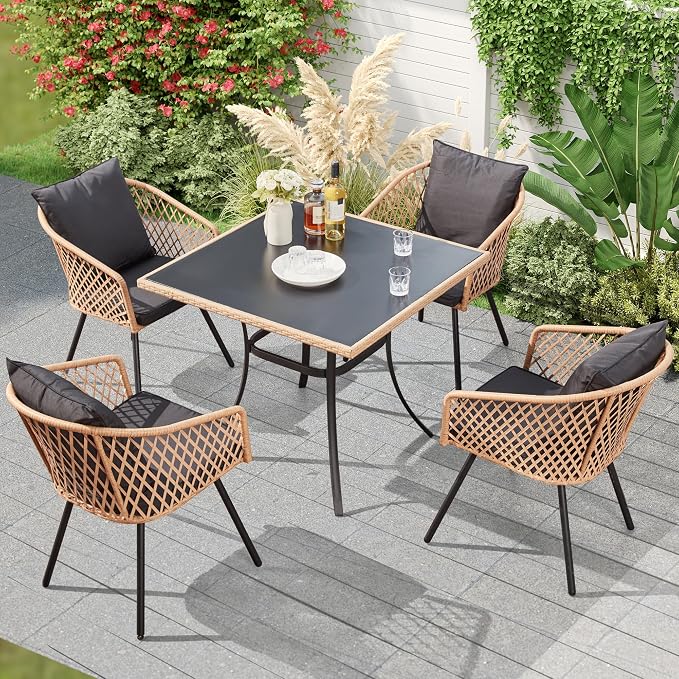 ECOTOUGE 5 Piece Patio Dining Set, Wicker Outdoor Furniture Set w/Glass Square by ECOTOUGE